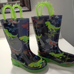 Western Chief Kids Navy Green Dinosaur Rain Boots with Lime Handles